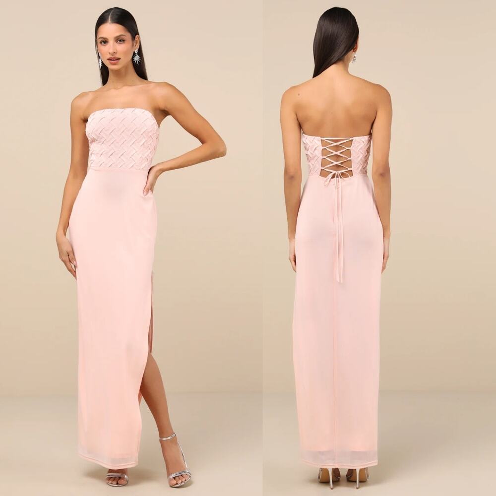 NWT Lulus Stunning Concept Light Pink Mesh Rhinestone Strapless Maxi Dress Sz L